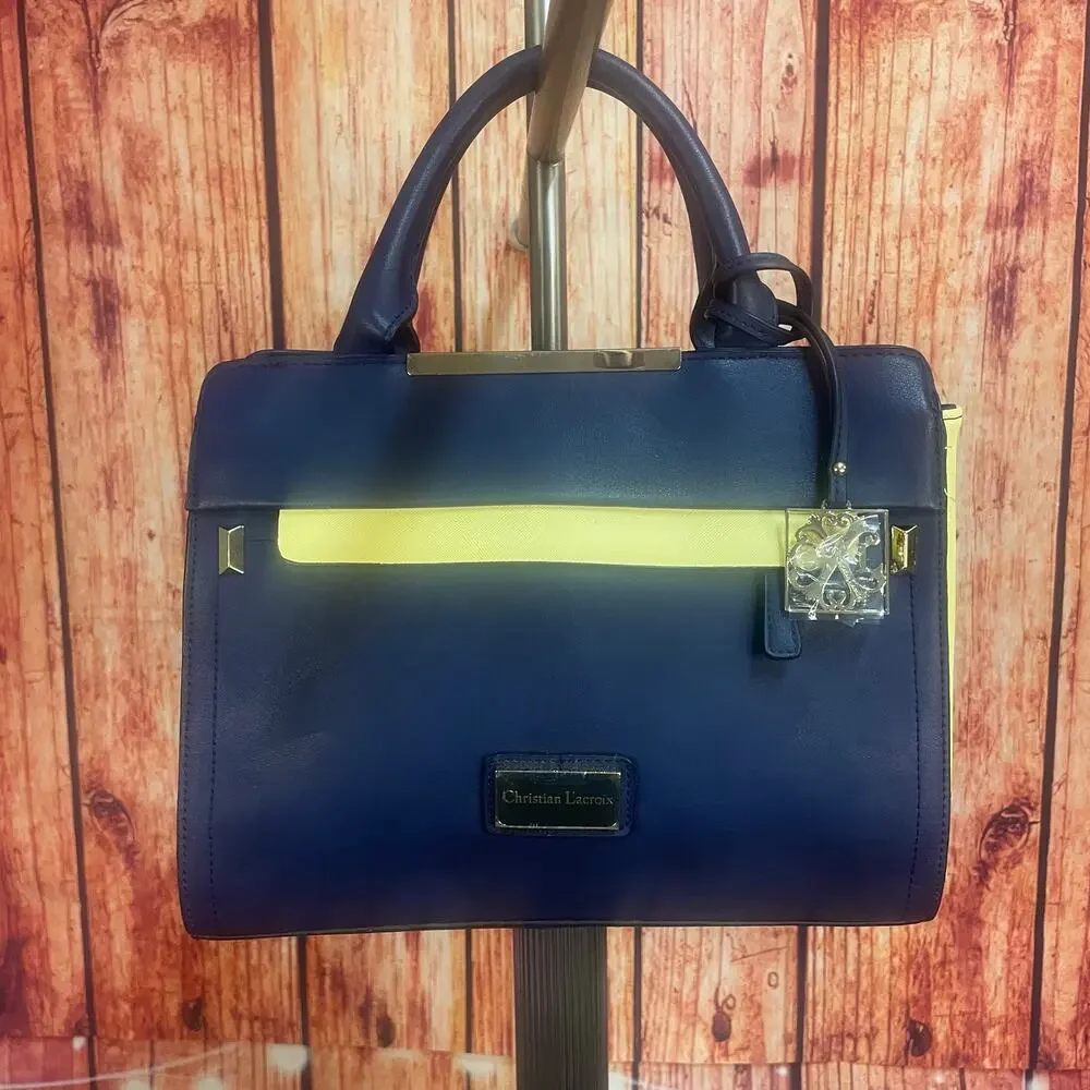 NWOT Christian Lacroix Jada Structured Satchel Crossbody Navy/Yellow Faux Leathe